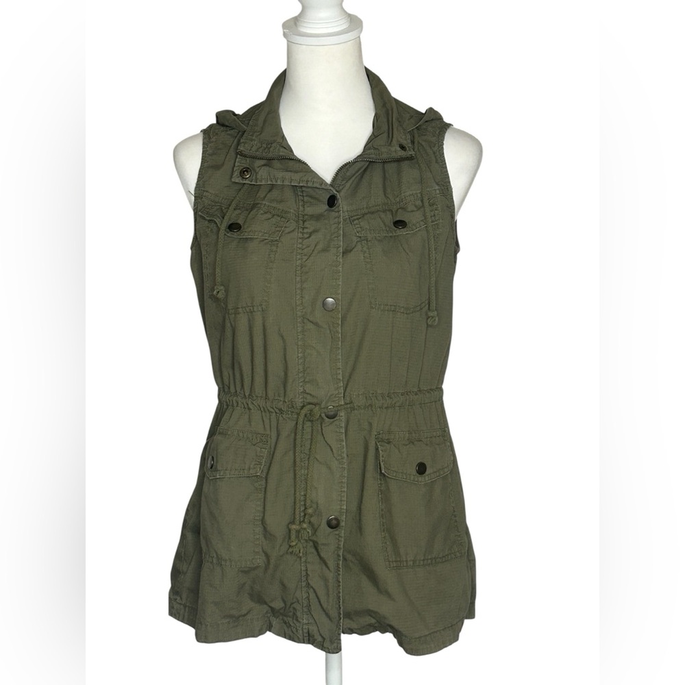 Mudd Army Green Women's Utility Hooded Vest Sz M EUC Gorpcore Military Chore - Picture 2 of 10